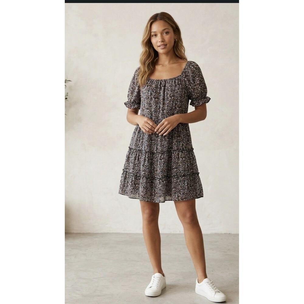 Liberty Love Babydoll Dress 2XL Plus Ditsy Floral Square Neck Puff Sleeve Tiered